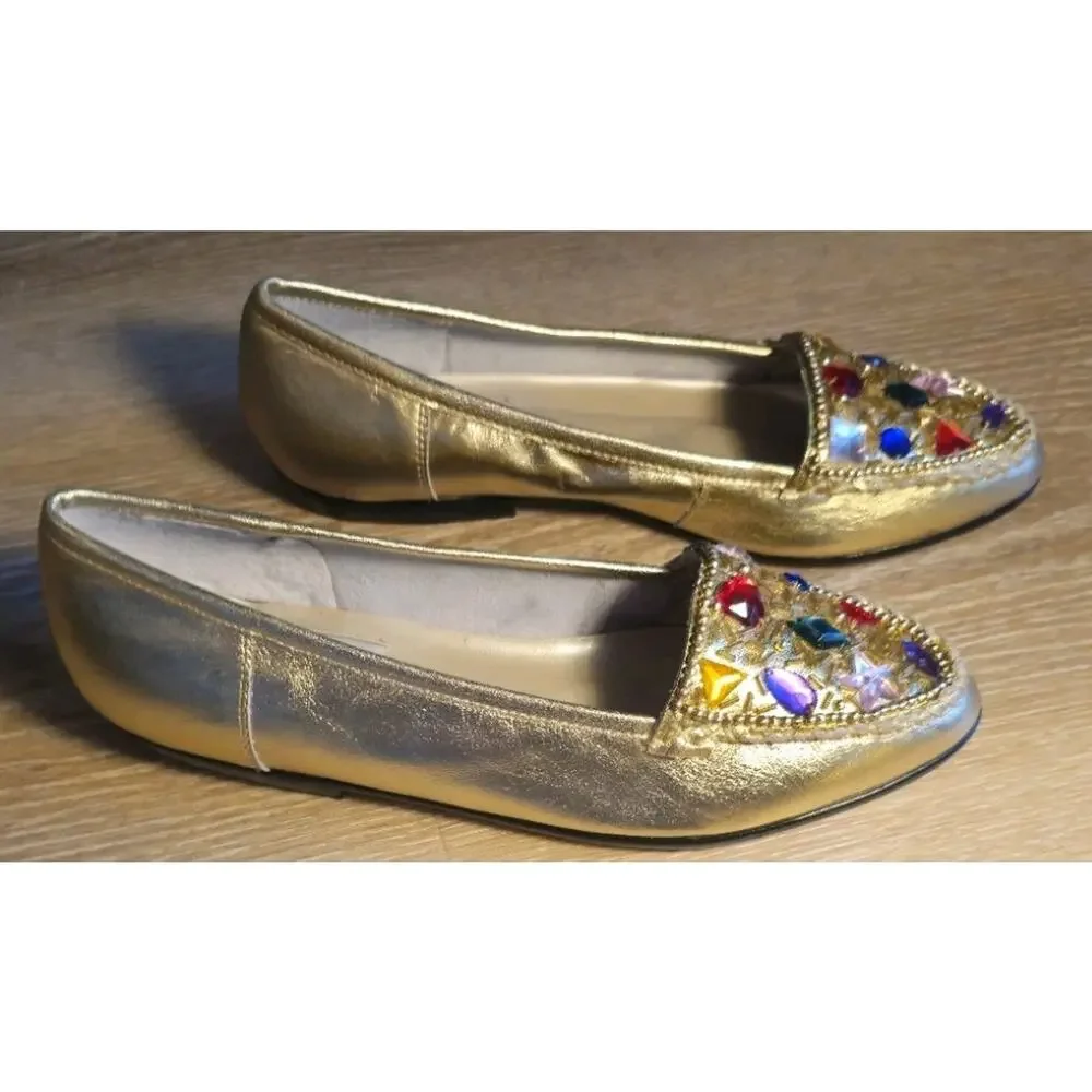 Vintage AJ Valenci Gold Leather Jeweled Flats Loafers Size 7.5 (Fits Like 7)...